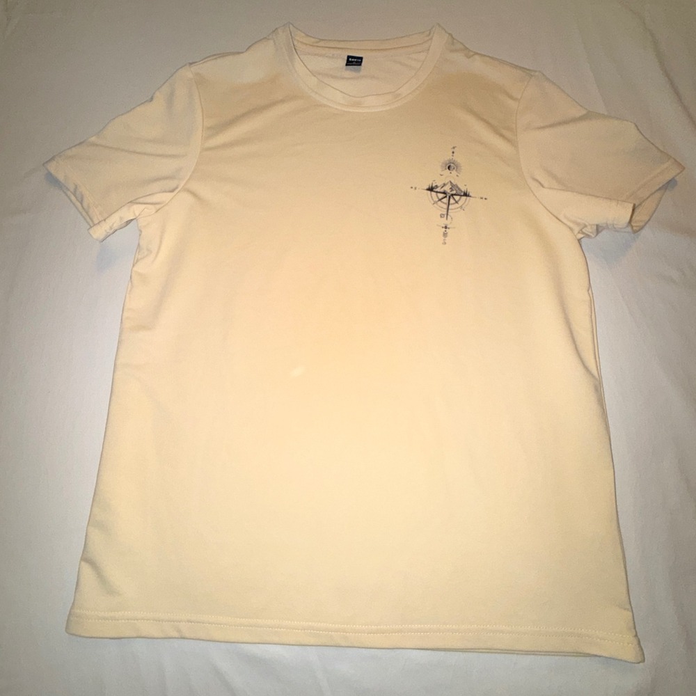 SHEIN Graphic Tee Mens Large Yellow Excellent Compass Mountain Nature T-Shirt